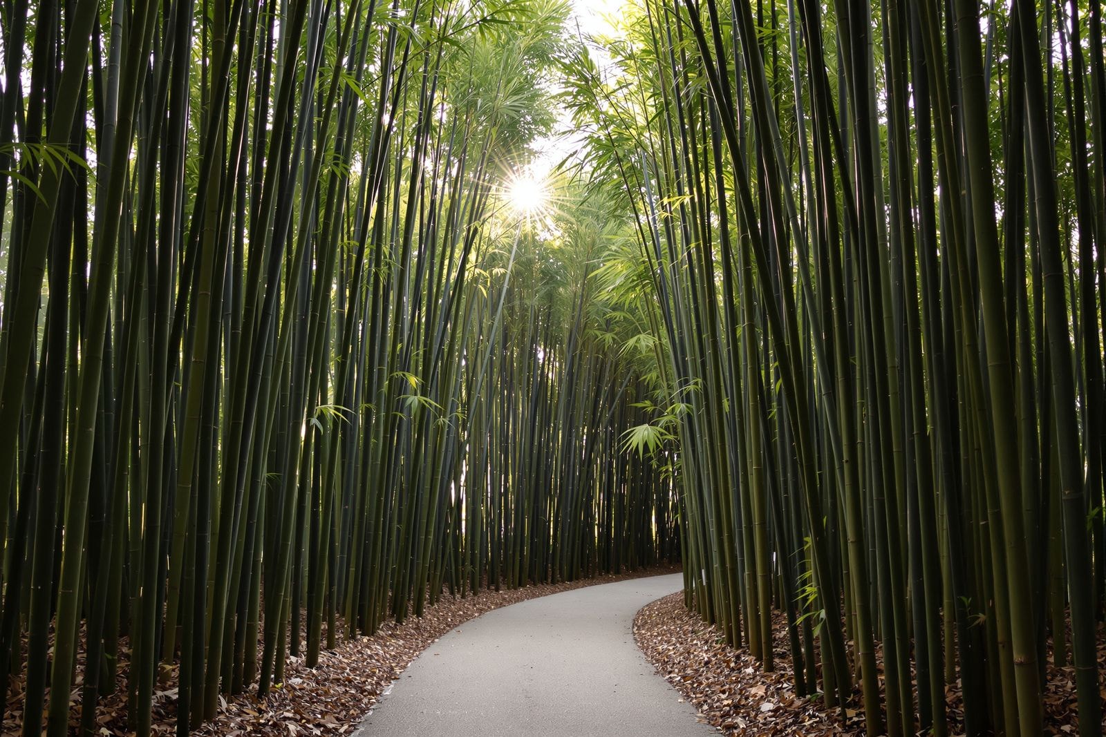 A narrow path through a tall bamboo grove with morning sun filtering between the stems