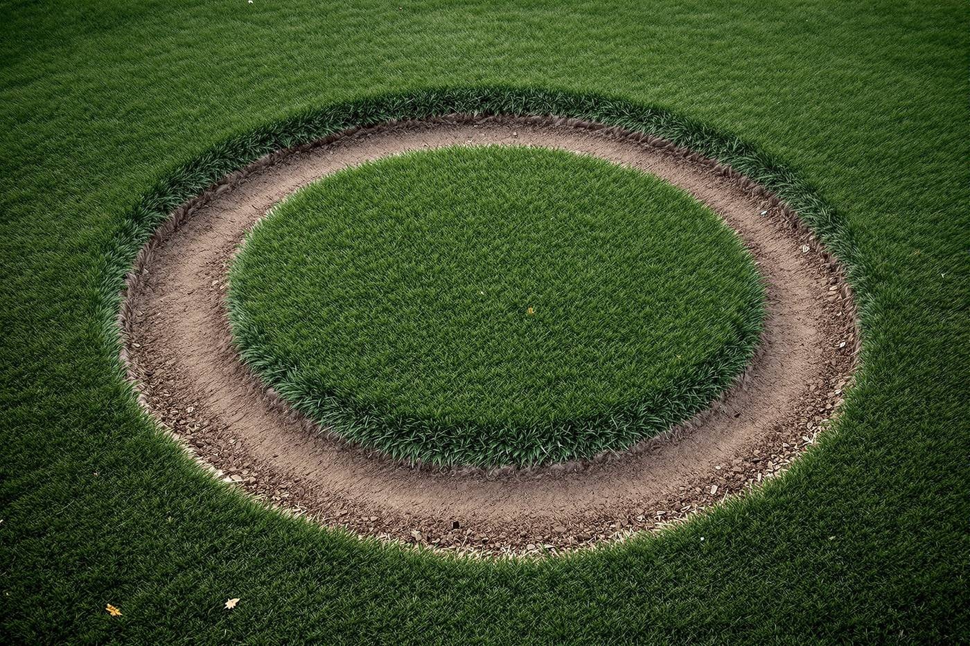 A ring of bare earth worn into a green lawn, seen from above