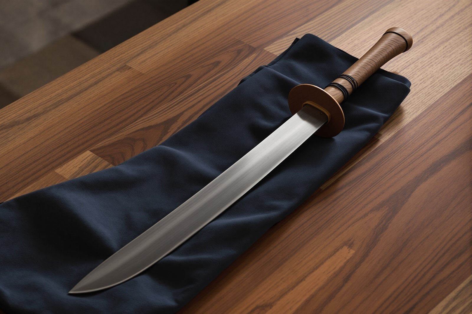 A broad single-edged sabre with a round guard and wrapped wooden handle lying on folded dark blue cloth on a wooden table