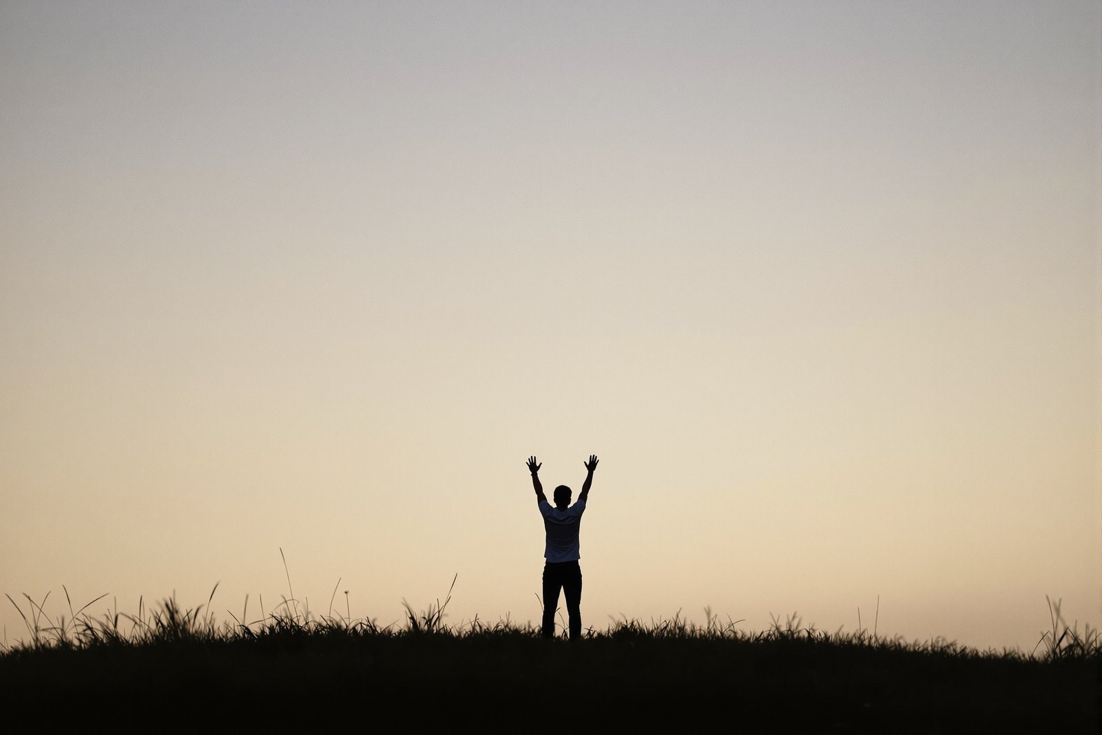 A small distant figure seen from behind in silhouette on a grassy hilltop at dusk with both arms raised