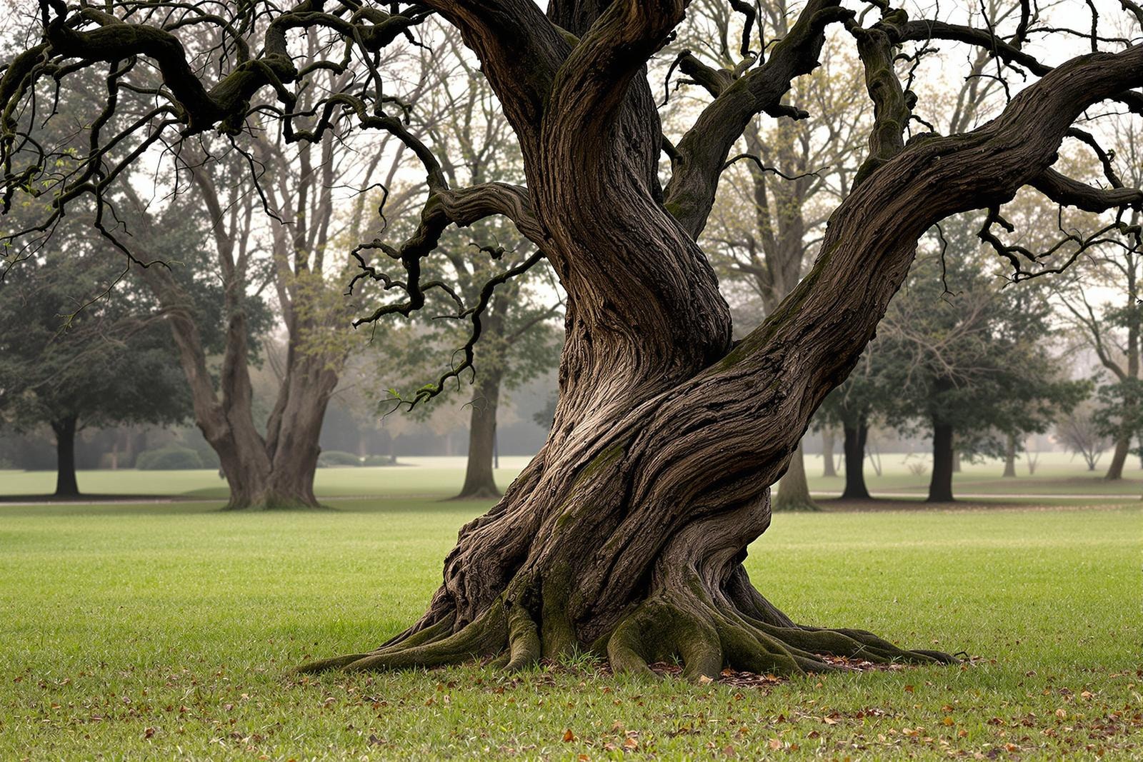 An old gnarled tree with a twisting trunk standing alone on a park lawn in morning light