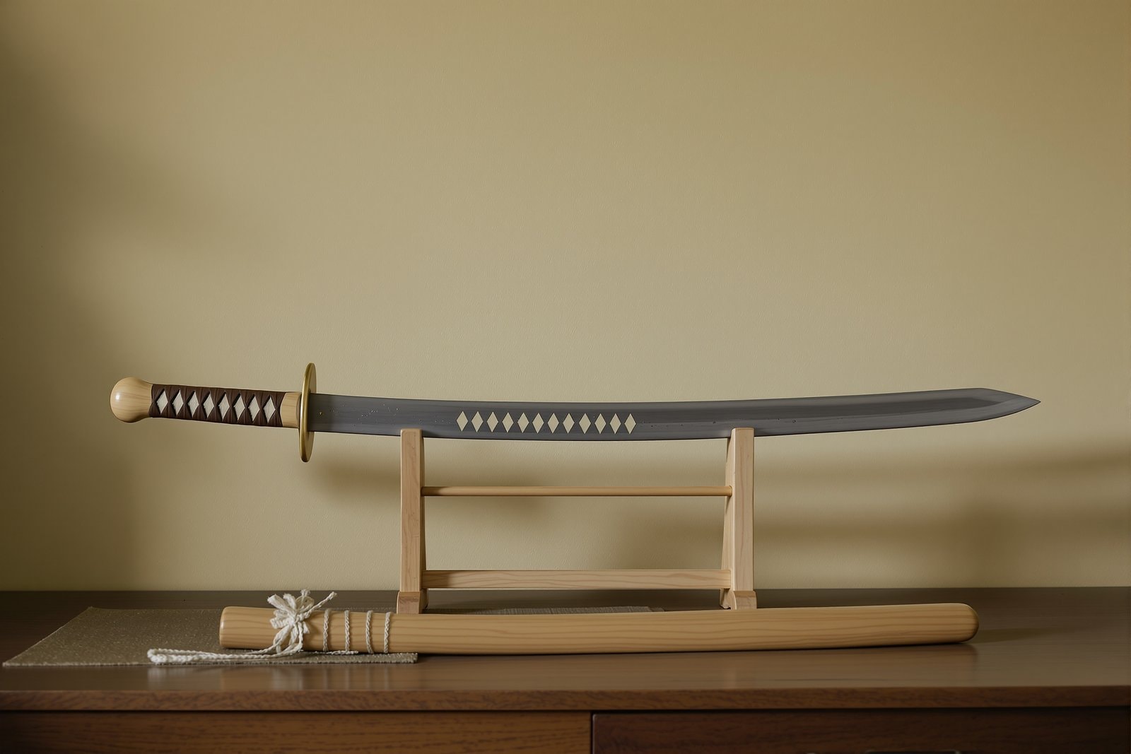 A long straight sword resting on a plain wooden stand with a pale wooden scabbard below it against a warm plaster wall