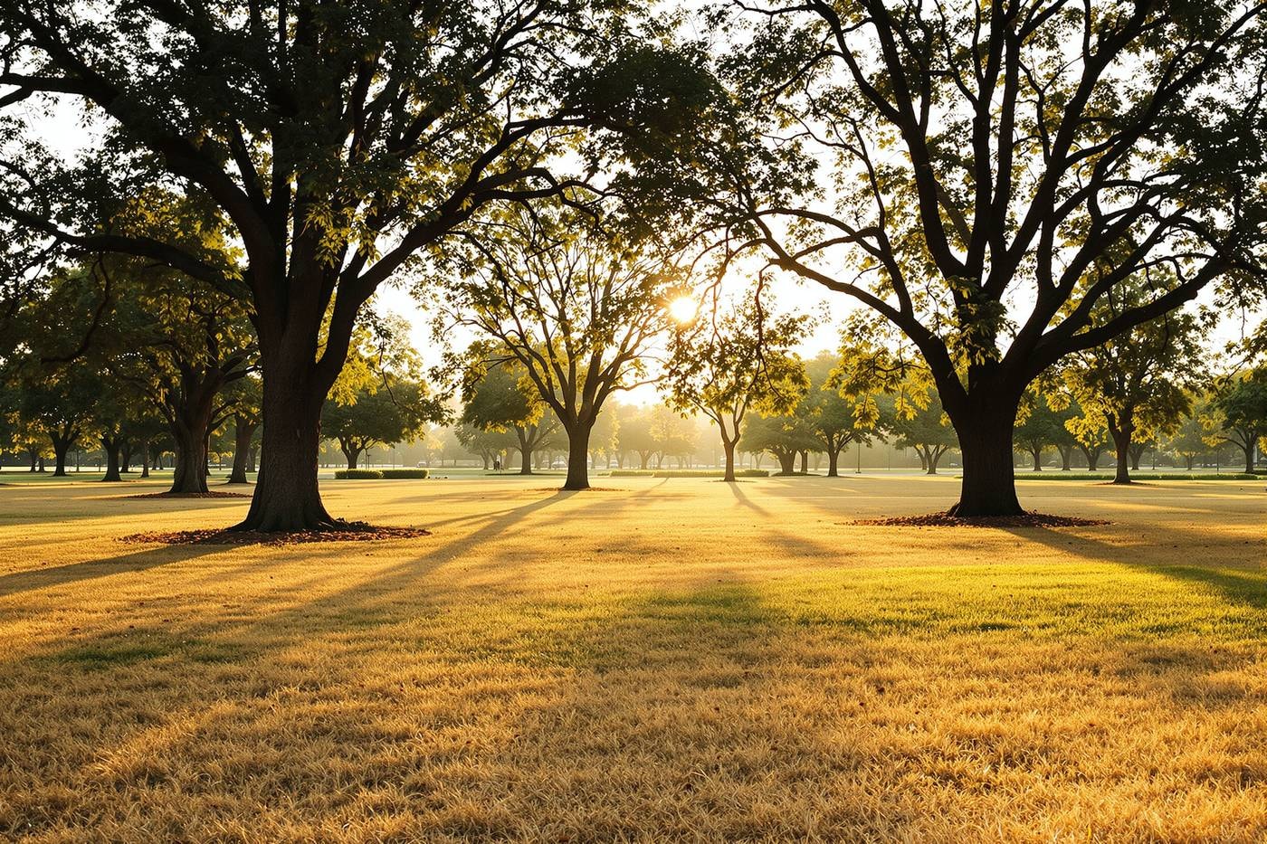 An empty park lawn under tall sycamore trees at sunrise with long shadows over dry golden grass