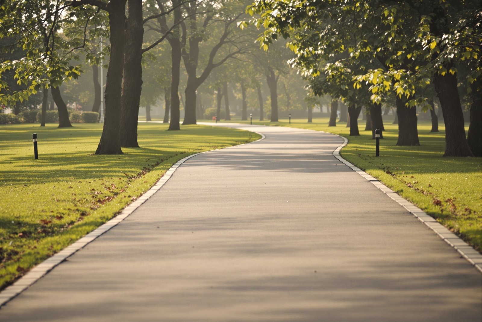 An empty paved path curving through a green park in early morning light, lined with trees