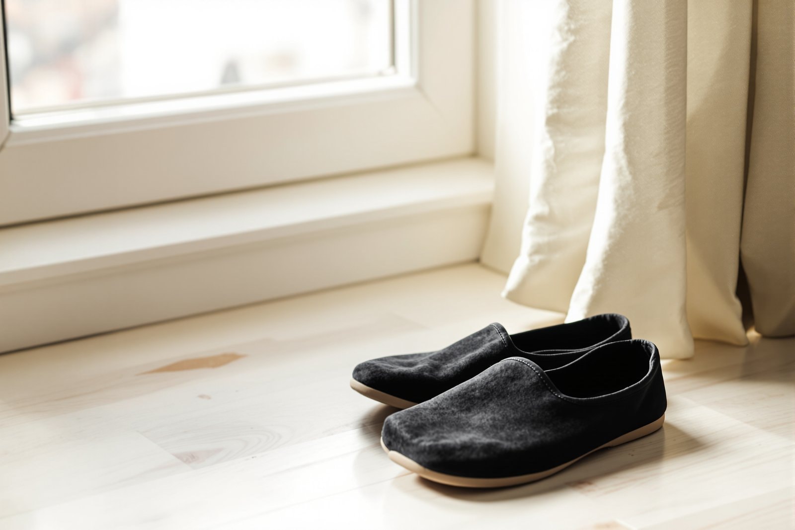 A pair of soft black cotton slip-on shoes on a pale wooden floor beside a window and a cream curtain