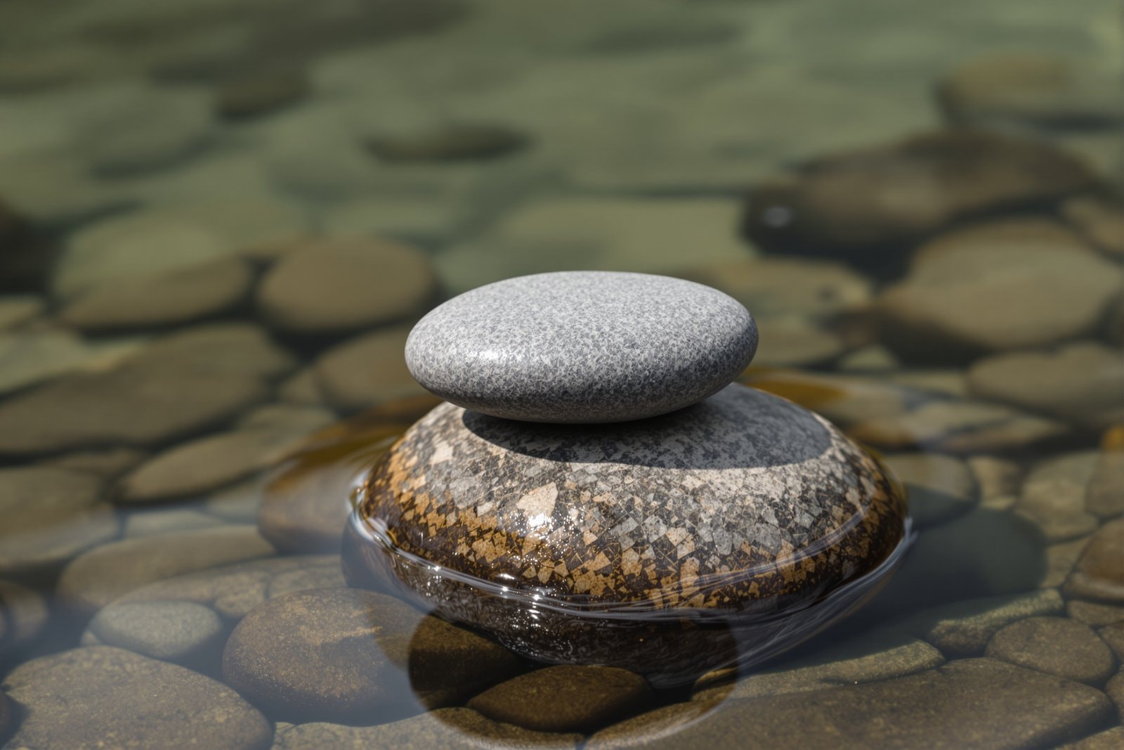 A smooth grey stone balanced on a larger speckled stone in shallow clear water