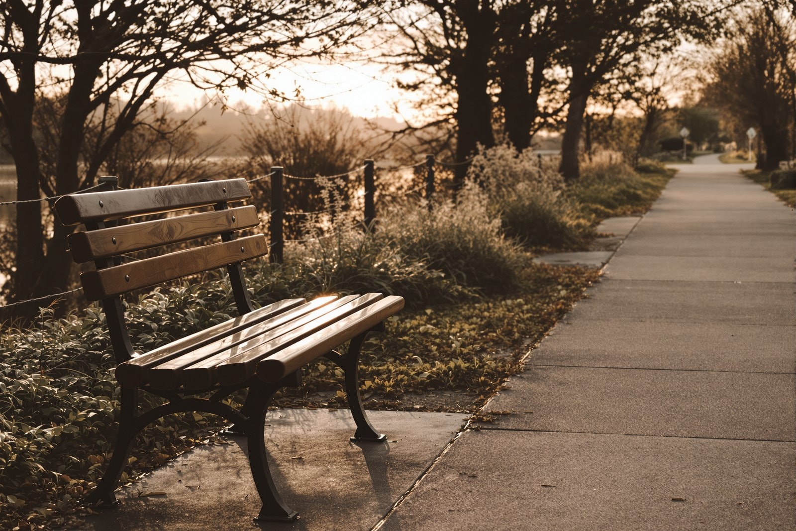 An empty wooden bench beside a quiet riverside path at sunrise