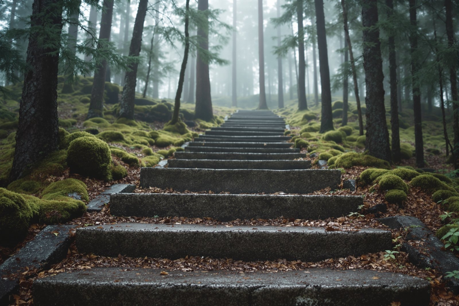 Old worn stone steps climbing through a misty pine forest with moss on either side
