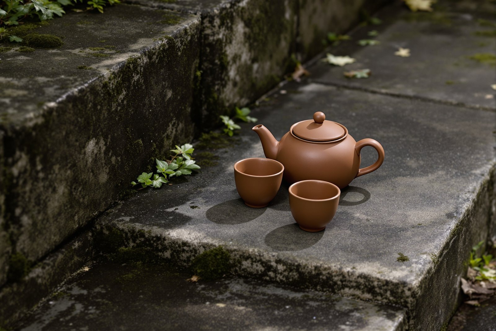 A plain clay teapot and two cups resting on a mossy stone step