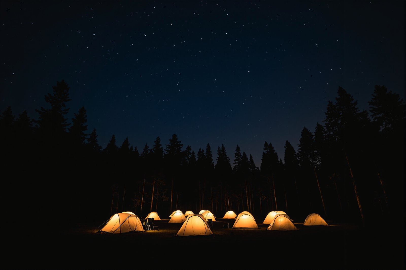A ring of small dome tents glowing softly in a forest clearing under a starry night sky