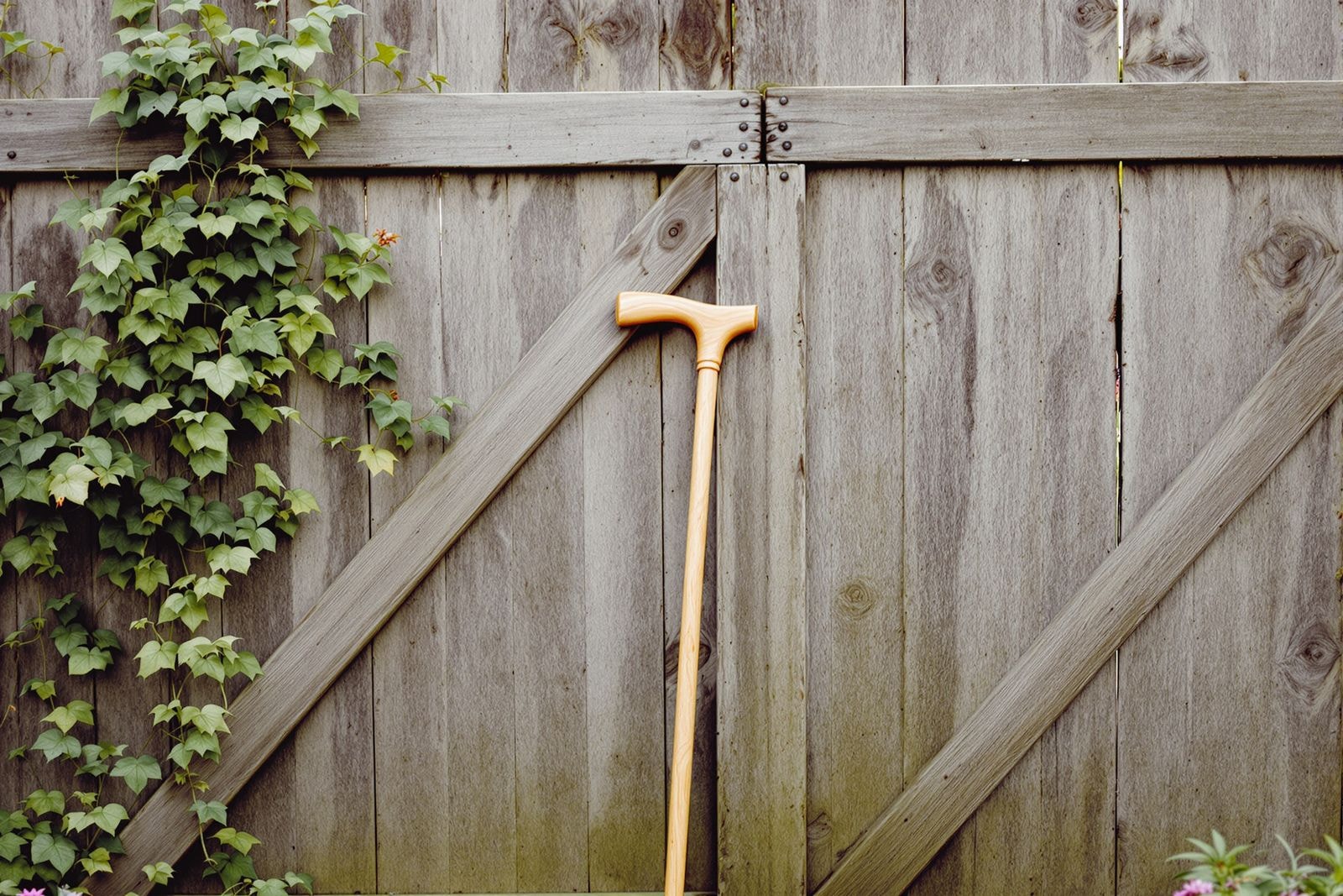 A plain wooden walking stick leaning against a weathered wooden gate with ivy