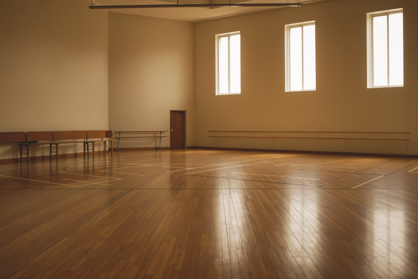 An empty practice hall with a polished wooden floor and light from tall plain windows